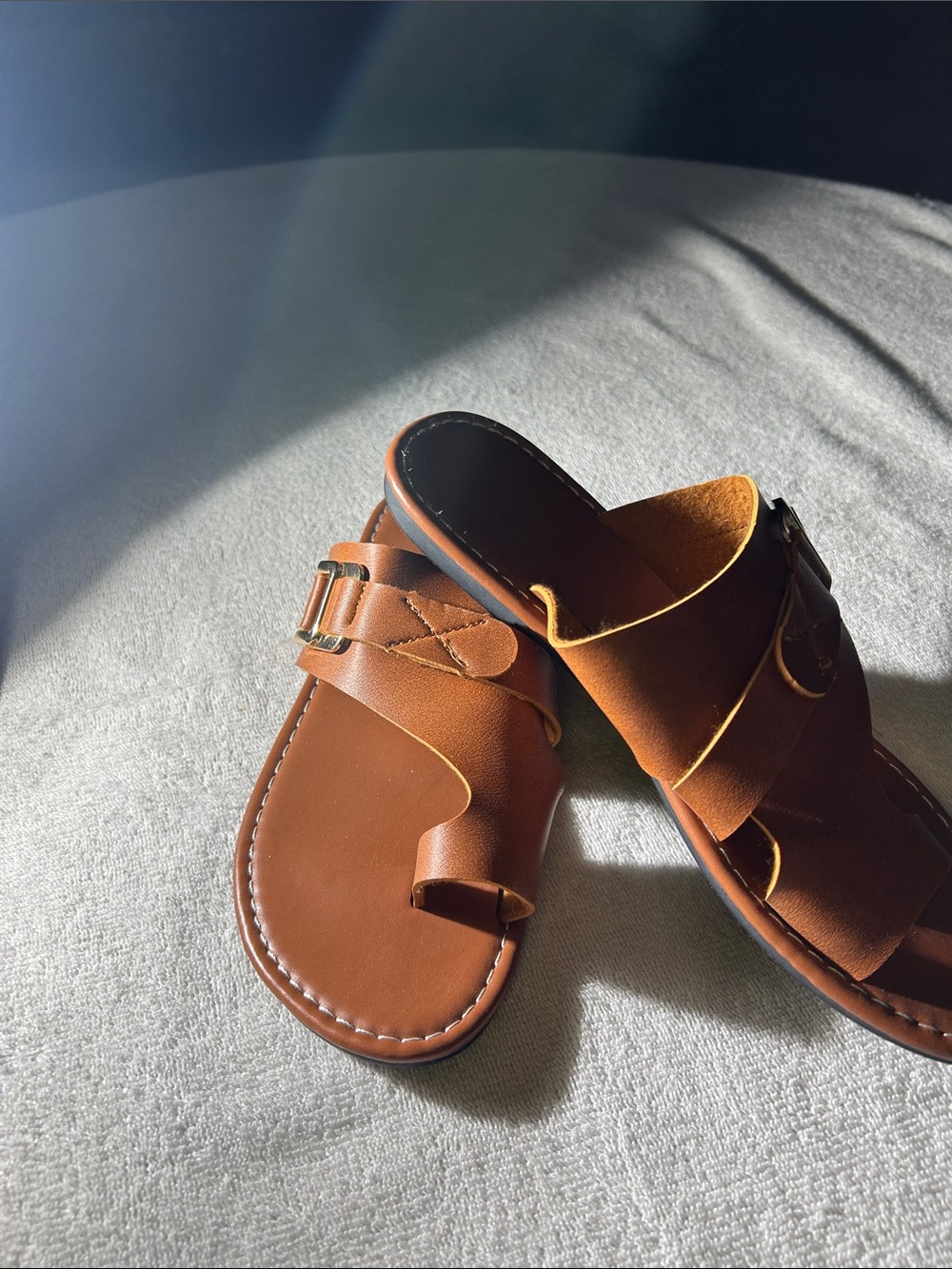 Women's Brown Leather Slide Sandals with Buckle Detail